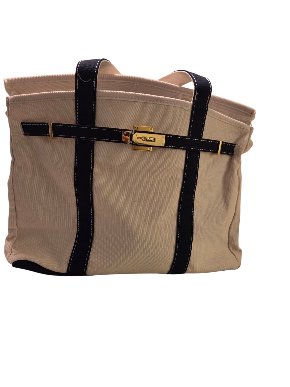NWOT Canvas Tote Bag with Navy Trim and Gold Hardware